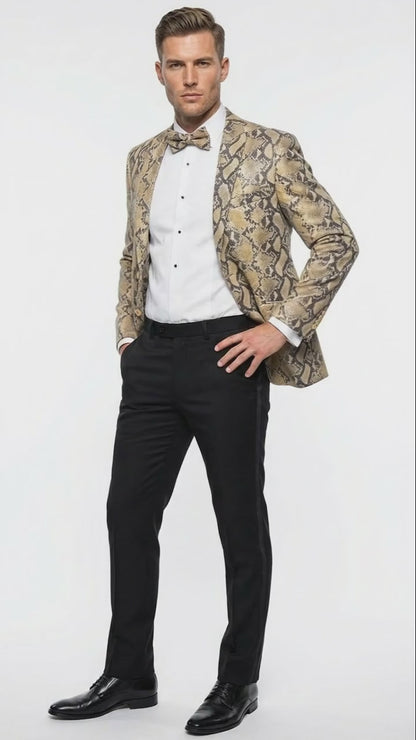 Men’s Beige and Black Snakeskin Print Blazer – Alligator Crocodile Exotic Sking Sport Coat Jacket in Tan Camel Color