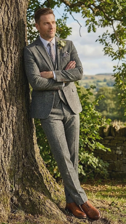 Men’s Peaky Blinder Light Grey Tweed Suit with Vest – Classic Three Piece Formal Suit, Vintage Wedding Business Outfit