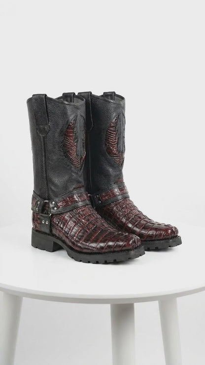 Men’s Los Altos Black and Burgundy Caiman Tail Skin Biker Boots, Exotic Western Motorcycle Boots