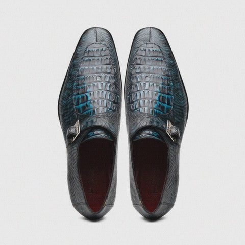 Marco Di Milano Toluca Men's Shoes BlackBlue Exotic Crocodile & Lizard Monk Strap