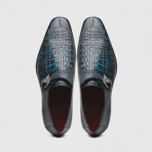 Marco Di Milano Toluca Men's Shoes BlackBlue Exotic Crocodile & Lizard Monk Strap