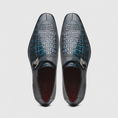 Marco Di Milano Toluca Men's Shoes BlackBlue Exotic Crocodile & Lizard Monk Strap