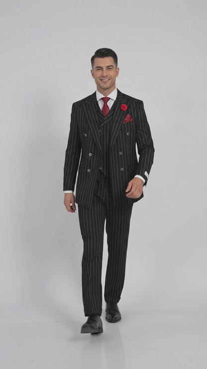 Harlem Nights Suits for Men by Tiglio – 100% Wool Double Breasted Black Pinstripe Vested Suit Wide Leg Pleated Pants Classic fit