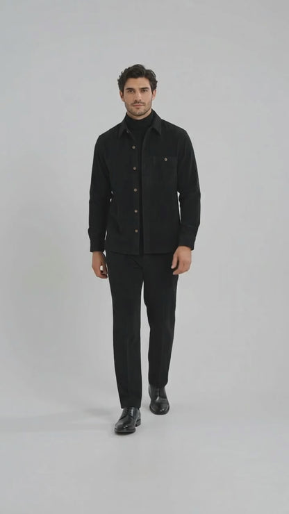 Men's Corduroy Shirt and Pants Walking Suit in Winter Cotton Fabric Casual in Color Black leisure Style