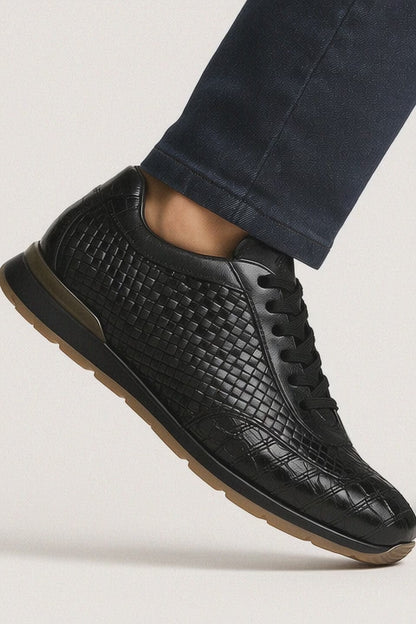 Marco Di Milano Roma Men Shoe Black Genuine Caiman Crocodile / Woven Leather Fashion Sneakers