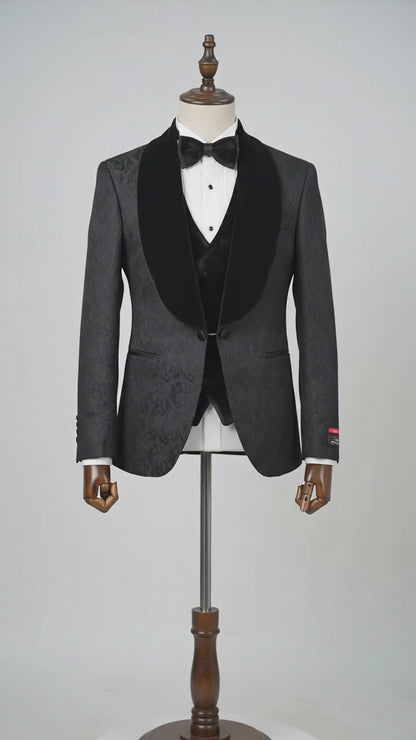 Men’s Black With Velvet collar 3 Piece Tuxedo Suit – Floral Jacquard Dinner Jacket with  Vest and Bowtie