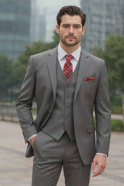 Mens Classic Vested Pinstripe Suit in Medium Grey