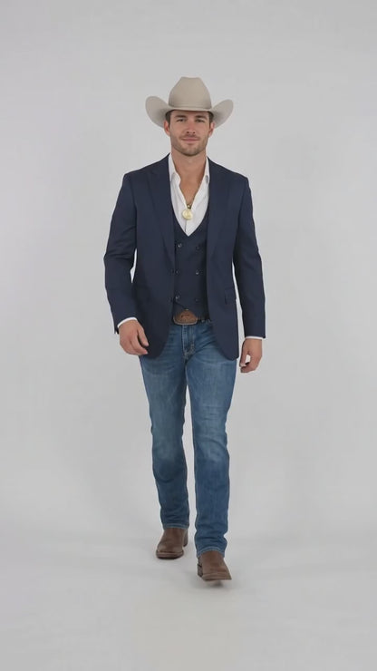Men’s Navy Western Suit Blazer with Double-Breasted Vest – Modern Cowboy Formal Outfit
