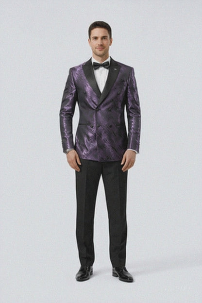 Men’s Designer Purple Jacquard Tuxedo Jacket with Black Satin Peak Lapel
