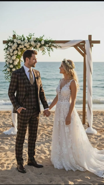 Men’s Brown Plaid Windowpane Three-Piece Suit Set – Classic Slim Fit Jacket, Double-Breasted Vest and Modern Fit Pants  By Rossiman