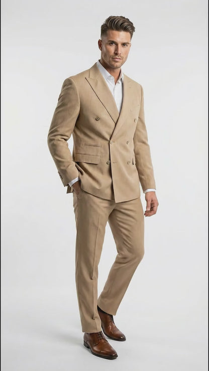 Vitali Brand Men’s Beige Double Breasted Suit – Classic Wedding, Prom & Party Wear Formal Outfit Khaki Camel Color