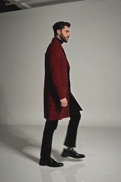 Mens Plaid Overcoat - Houndstooth Single Breasted Checker Pattern Red Topcoat