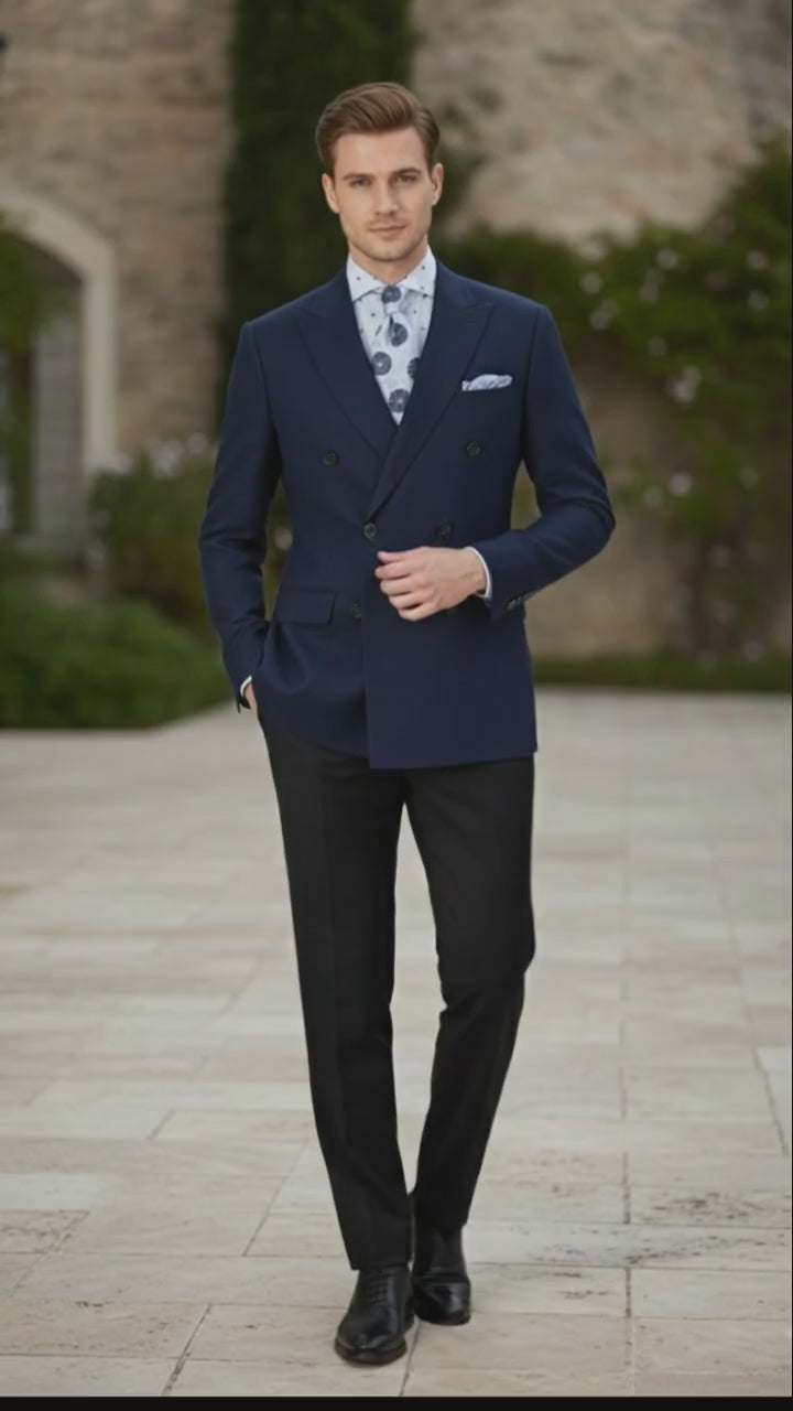 Men’s Navy Blue Double-Breasted Blazer - Suit Jacket – Premium Tailored Fit Formal Wedding and Business Sport Coat