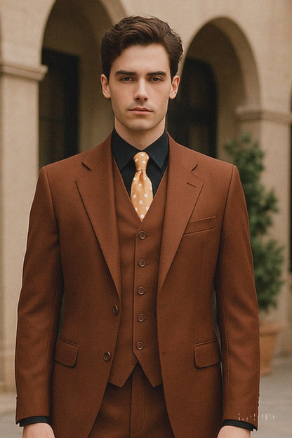 Mens 2 Button Vested Basic Wool Feel Suit in Cognac