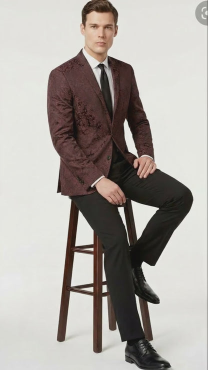 Men’s Burgundy Paisley Blazer Sport Coat – Velvet Dinner Jacket floral in Maroon Wine Color Ultra Slim Fit Smoking Jacket