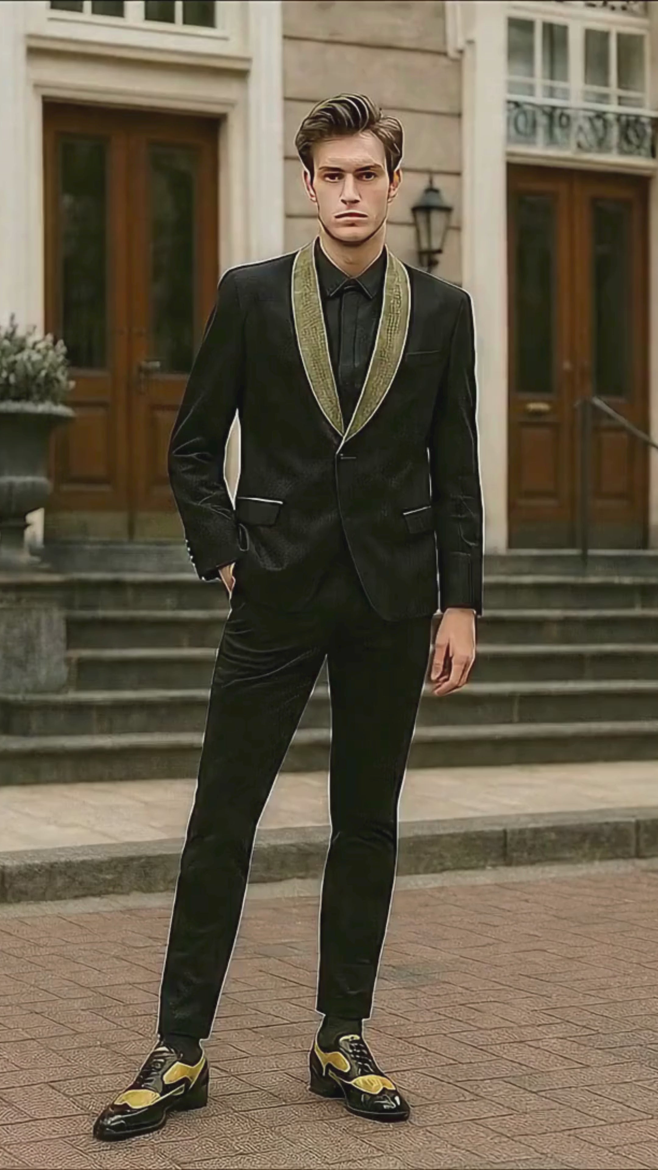 Mens Black and Gold Jacquard Tuxedo Blazer – Luxury Shawl Collar Wedding and Party Smoking Jacket