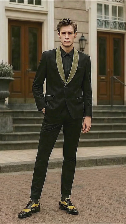Mens Black and Gold Jacquard Tuxedo Blazer – Luxury Shawl Collar Wedding and Party Smoking Jacket