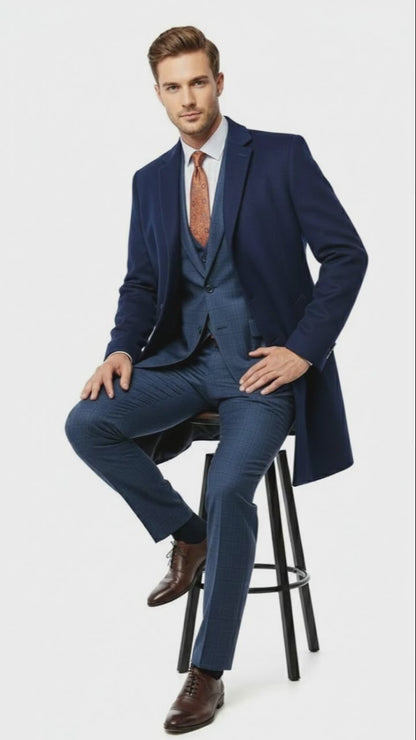 Mens Cobalt Blue Wool and Cashmere Car Coat Overcoat – Classic Winter Topcoat for Indigo Sapphire Color (light Navy Dark Royal)