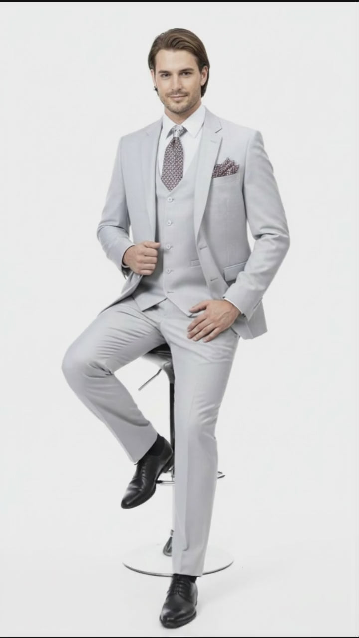 Men’s Very Light Gray Three-Piece  Wedding Suit 2 Buttons Modern or Slim Fit  Ash Bone Color Steel Grey