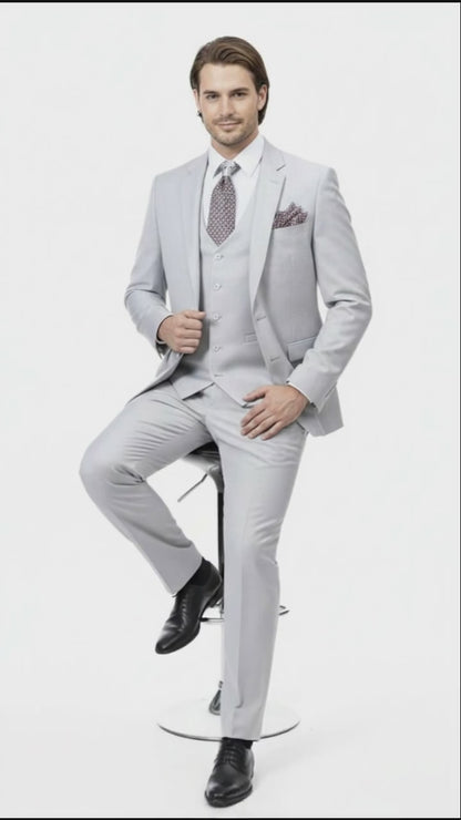 Men’s Very Light Gray Three-Piece  Wedding Suit 2 Buttons Modern or Slim Fit  Ash Bone Color Steel Grey