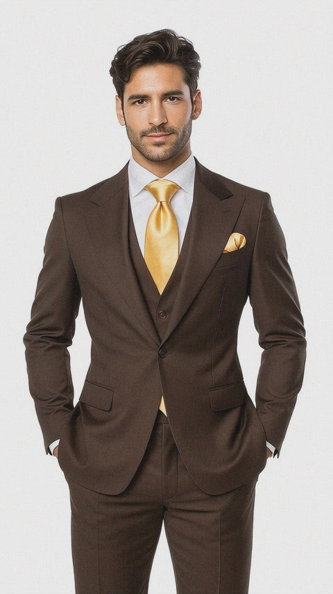 Brown One Button 3 Piece Suit  by Rossiman 