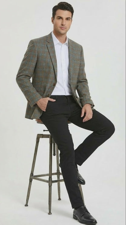 Men’s Green Brown and Teal Plaid Sport Coat – Tailored Fit Check Blazer Jacket - Tartan Sportcoat