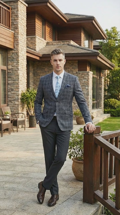 Mens Charcoal Gray with Blue Plaid Pattern Blazer Jacket – Classic Check Pattern Sport Coat for Business, Office, and Smart Casual Wear