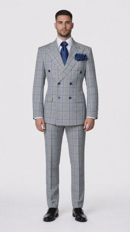 Suits With Baggy Pleated Pants - Wide Leg Pants 100% Wool - Classic Fit in Color Grey with Blue Plaid by Rossiman