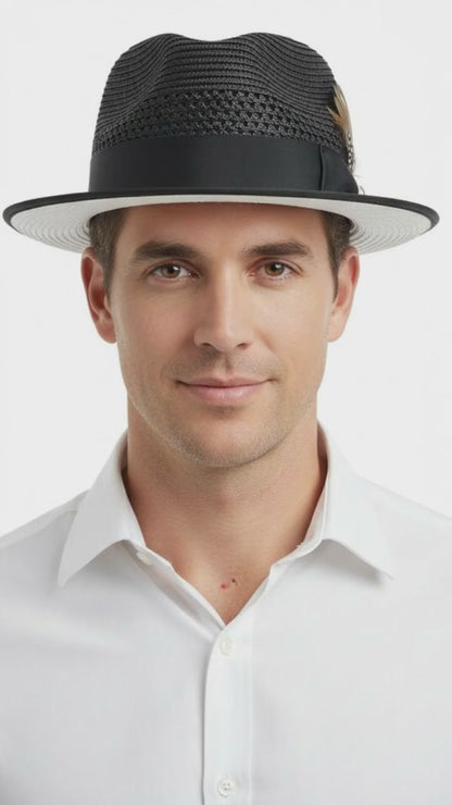 Men’s Two-Tone Black and White Fedora Hat with Feather Accent – Stylish Summer Dress Hat