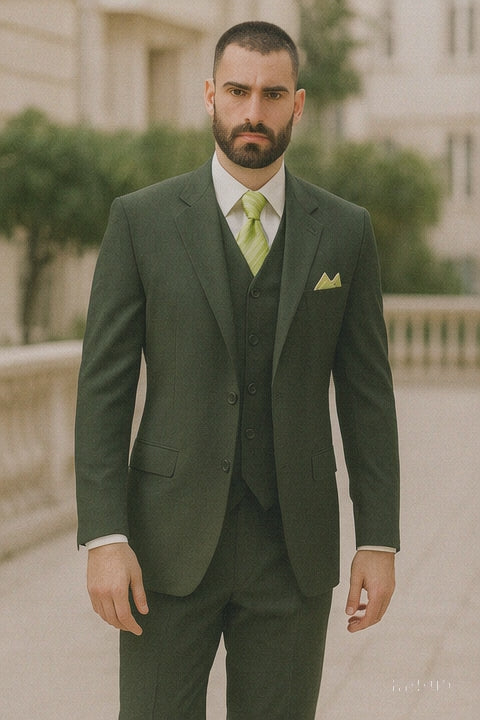 Mens 2 Button Vested Basic Wool Feel Suit in Olive