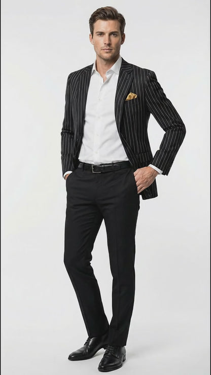 Men’s Black Pinstripe Blazer – Classic Tailored Formal Jacket for Business, Office and Evening Wear