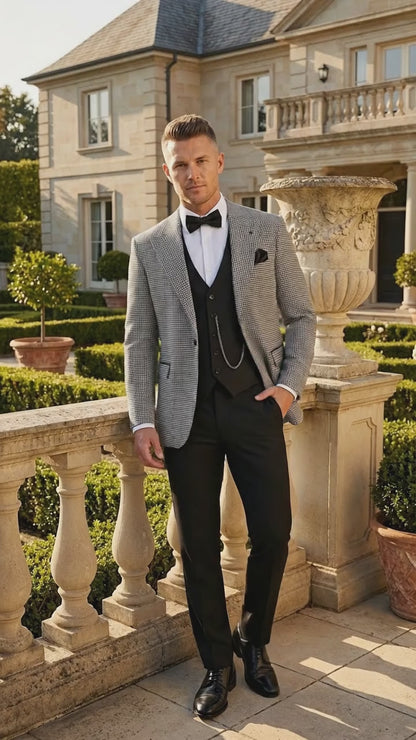 Men’s Black and White Houndstooth Gatsby Inspired Suit – Vintage Style Formal Suit for Wedding, Prom and Classic Events Blazer + Black vest + Black Pants