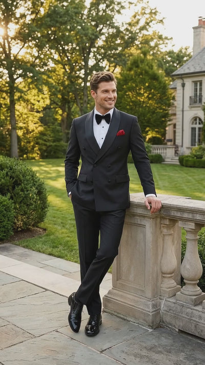 Men’s Black Double Breasted Evening Wear Suit with Satin Shawl Lapel and Red Pocket Square