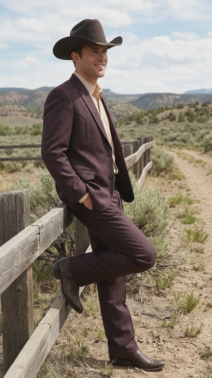 Men’s Brownish Black Pinstripe Western Suit, Cowboy Formal Wedding Ranch Dress Suit Set Slim Fitted