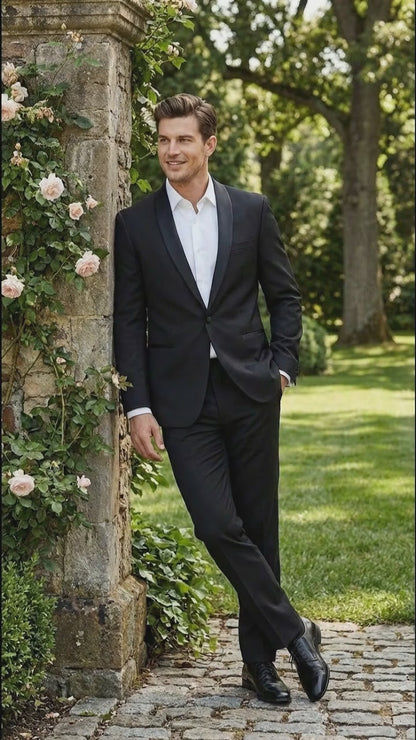 Tiglio Designer Men’s Black Single Button Tuxedo Suit – Formal Black Business and Wedding Suit Shawl Collar  Super 150's Wool Fabric