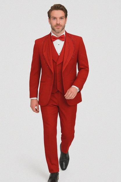 Italian Red Wool 3-Piece Modern Fit Tuxedo