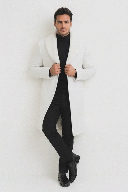 Mens Overcoat with Fur Collar - Single Breasted Off White Topcoat