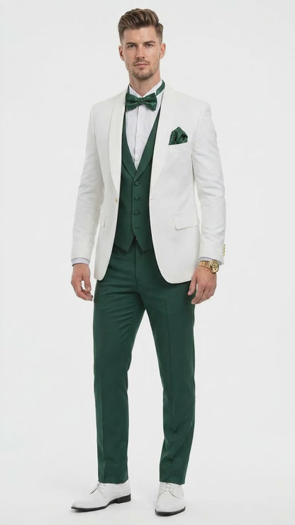 Men’s White and Hunter Green 3 Piece Suit – Elegant Formal Suit with Vest, Wedding Tuxedo Suit for Prom and Party Wear