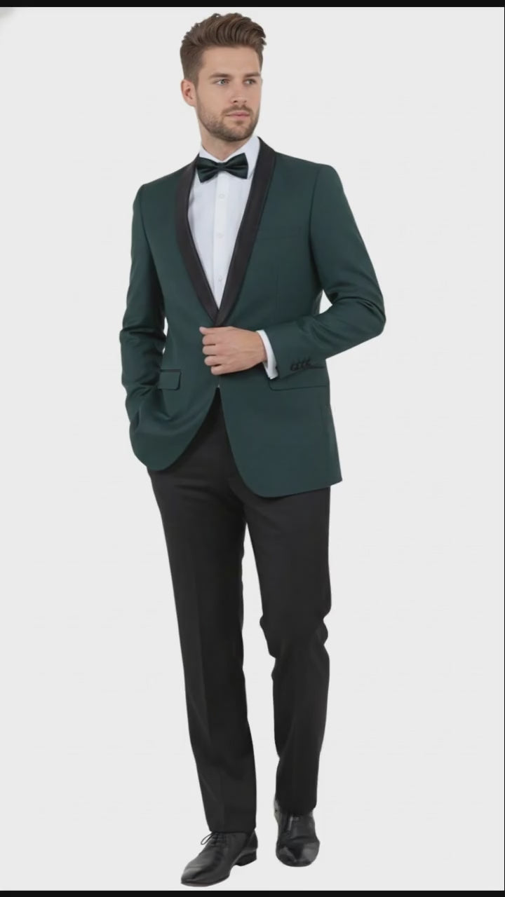 Men’s Green Tuxedo Suit – Slim Fit Jacket with Black Satin Shawl Lapel and Black Pants in Hunter Green