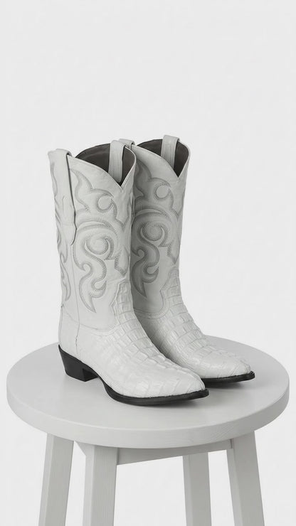 Men’s White Caiman Tail Crocodile Boots, Pointed Toe Exotic Western Cowboy Dress Boots