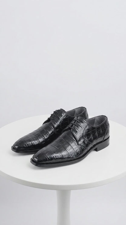 Men’s Los Altos Black Genuine Crocodile Belly Shoes, All-Over Exotic Lace-Up Dress Shoes