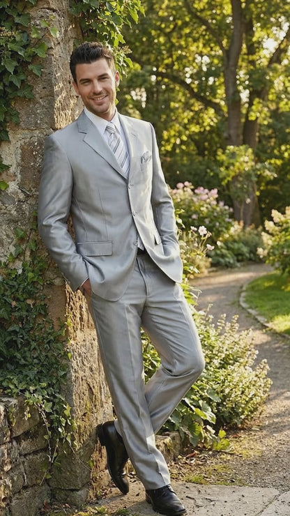 Men’s Silver Grey Sharkskin Suit – 3 Button Classic Fit Shiny Formal Suit for Wedding, Business and Party Wear