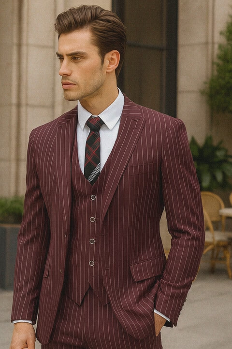 Mens Vested Gangster Pinstripe 1920's Suit in Burgundy