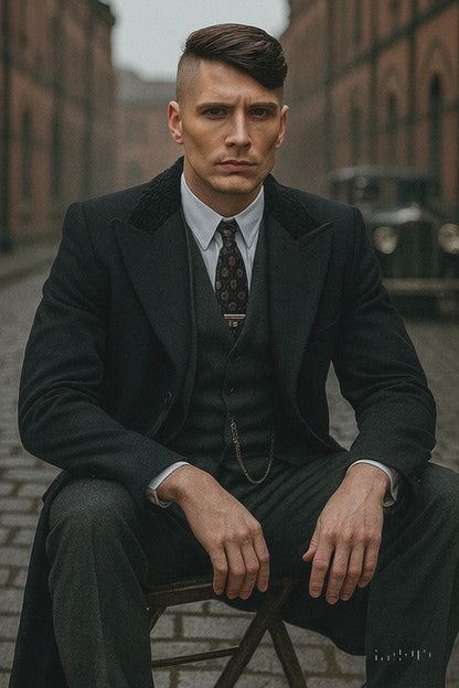 Mens Peaky Blinders Costume Thomas Shelby 3PC Suit & Black Overcoat