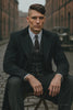 Mens Peaky Blinders Costume Thomas Shelby 3PC Suit & Black Overcoat