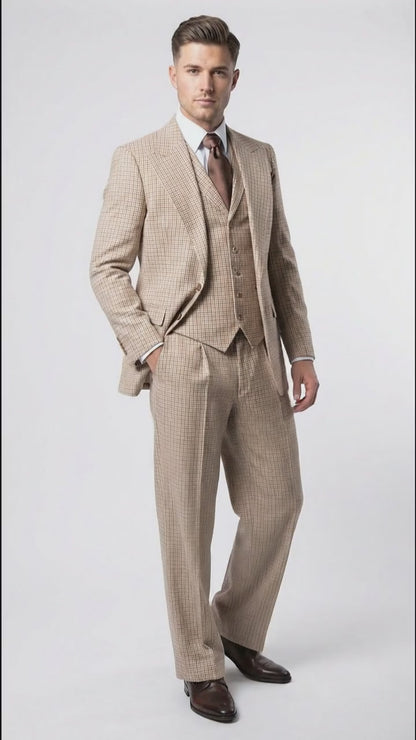 Men’s Beige tan Checkered Three Piece Suit with Classic Fit Wide Leg Pleated Pants by Rossiman khaki color