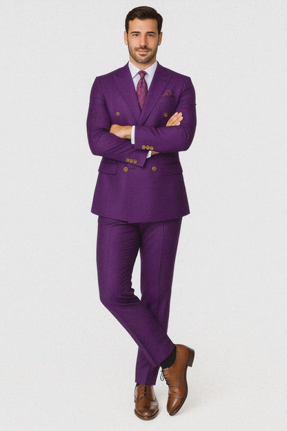 Mens Designer Modern Fit Double Breasted Wool Suit with Gold Buttons in Purple