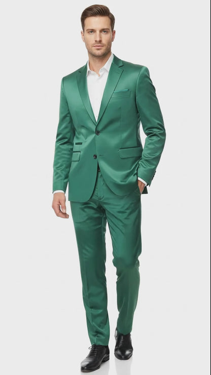 Mens Shiny emerald Green Sateen 2-Piece Slim Fit Suit – Formal Blazer and Pants Set Prom Wedding