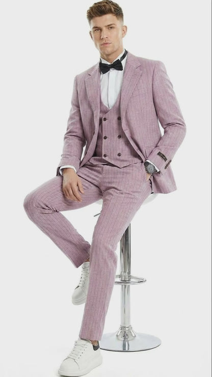 Men’s Dusty Rose Pink Pinstripe Three Piece Suit with Vest | Wedding and Party Formal Wear Prom or Church Suit