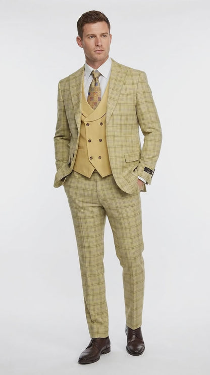 Vitali Men’s Sage Beige Tan Plaid 3 Piece Suit, Check Pattern Formal Dress Suit for Weddings, Prom, Business Events, Modern Fit Light Yellow Color